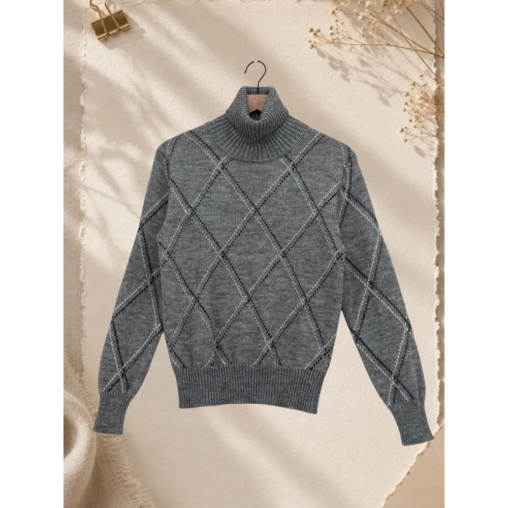 United Colors of Benetton Argyle Knit Turtleneck Grey Sweater Size M